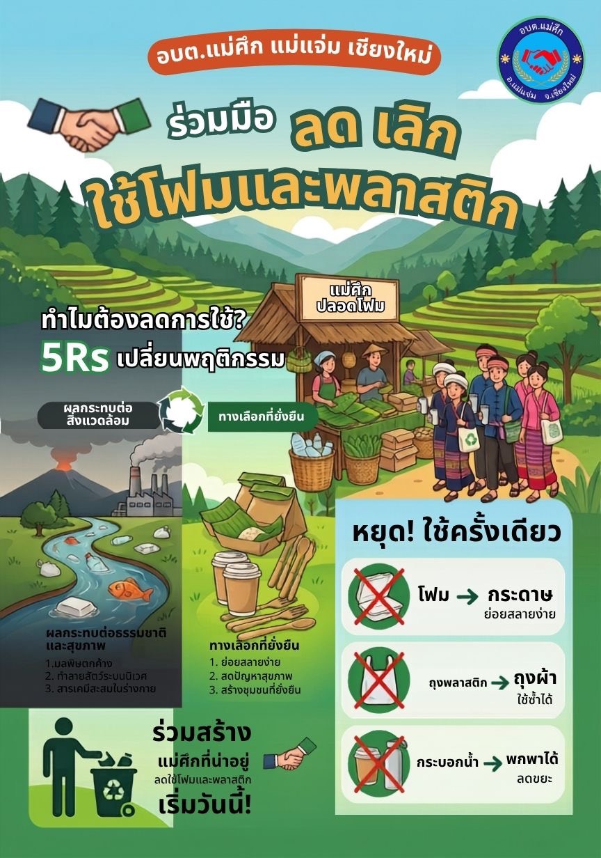 องค์การบริหารส่วนตำบลแม่ศึก รณรงค์ลดหรือเลิกใช้โฟมและบรรจุภัณฑ์พลาสติกชนิดใช้ครั้งเดียวทิ้ง(Single use plastic s ) เพื่อสิ่งแวดล้อมที่ดีของชุมชน